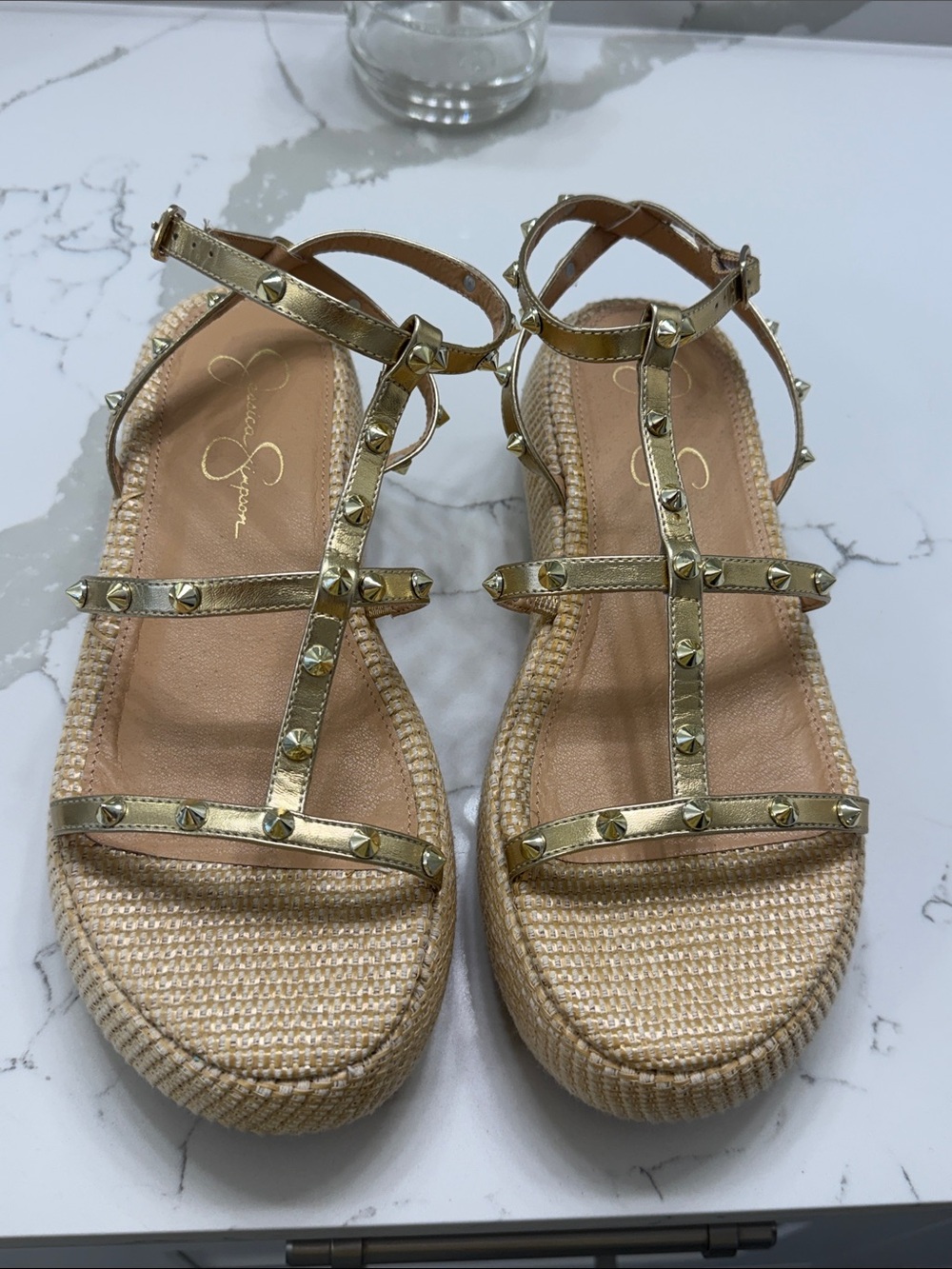 NWOT Jessica Simpson Metallic Gold Studded T-Strap Espadrille Wedge Sandals